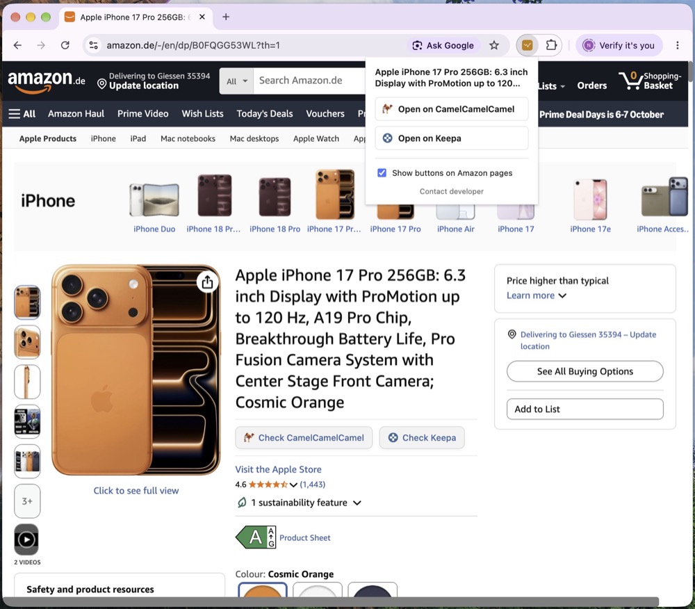 The Toolbox for Amazon popup open on an Amazon product page, with buttons for CamelCamelCamel and Keepa