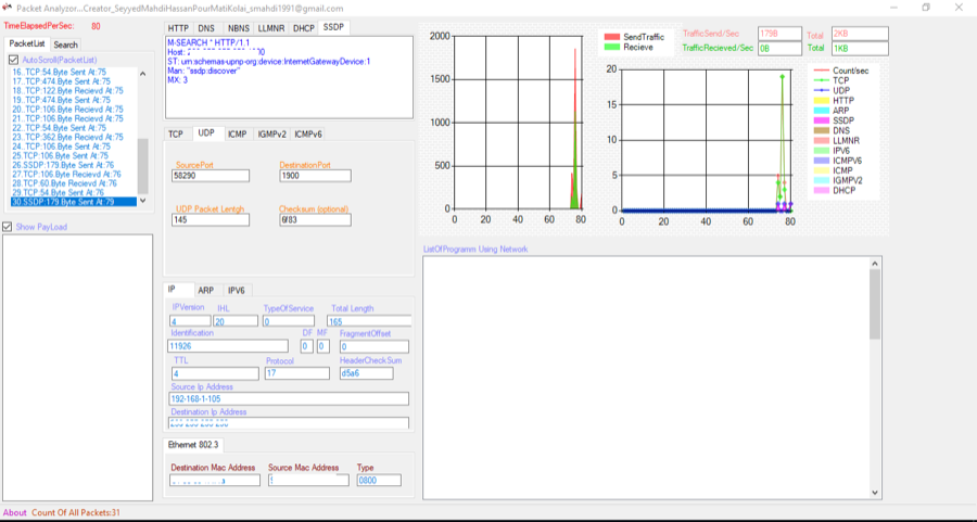 Bavin showing captured network packets next to a stack of TCP/IP protocol layers