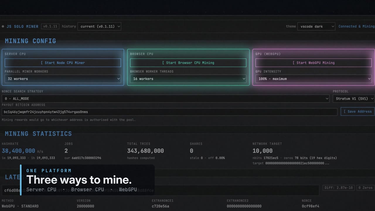 The Bitcoin JS Solo Miner dashboard showing a hashrate of 38 million hashes per second