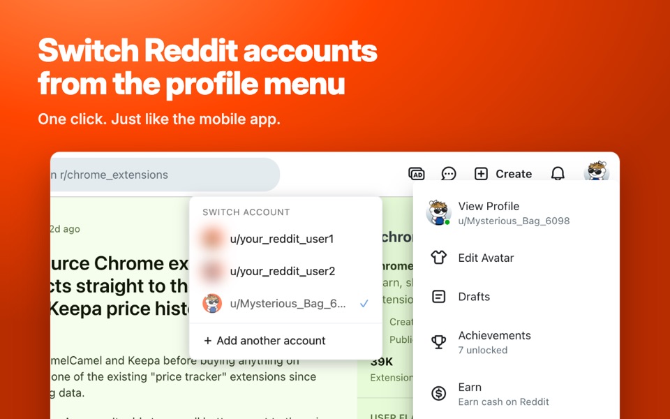 Account Switcher for Reddit, showing several accounts in Reddit's profile menu